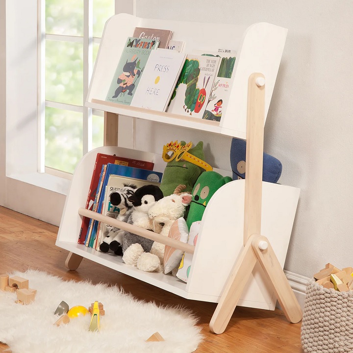 light natural wood and white bookshelf for kids and toddlers designer bookcases for young children storage furniture for nursery light scandinavian bedroom theme for babies