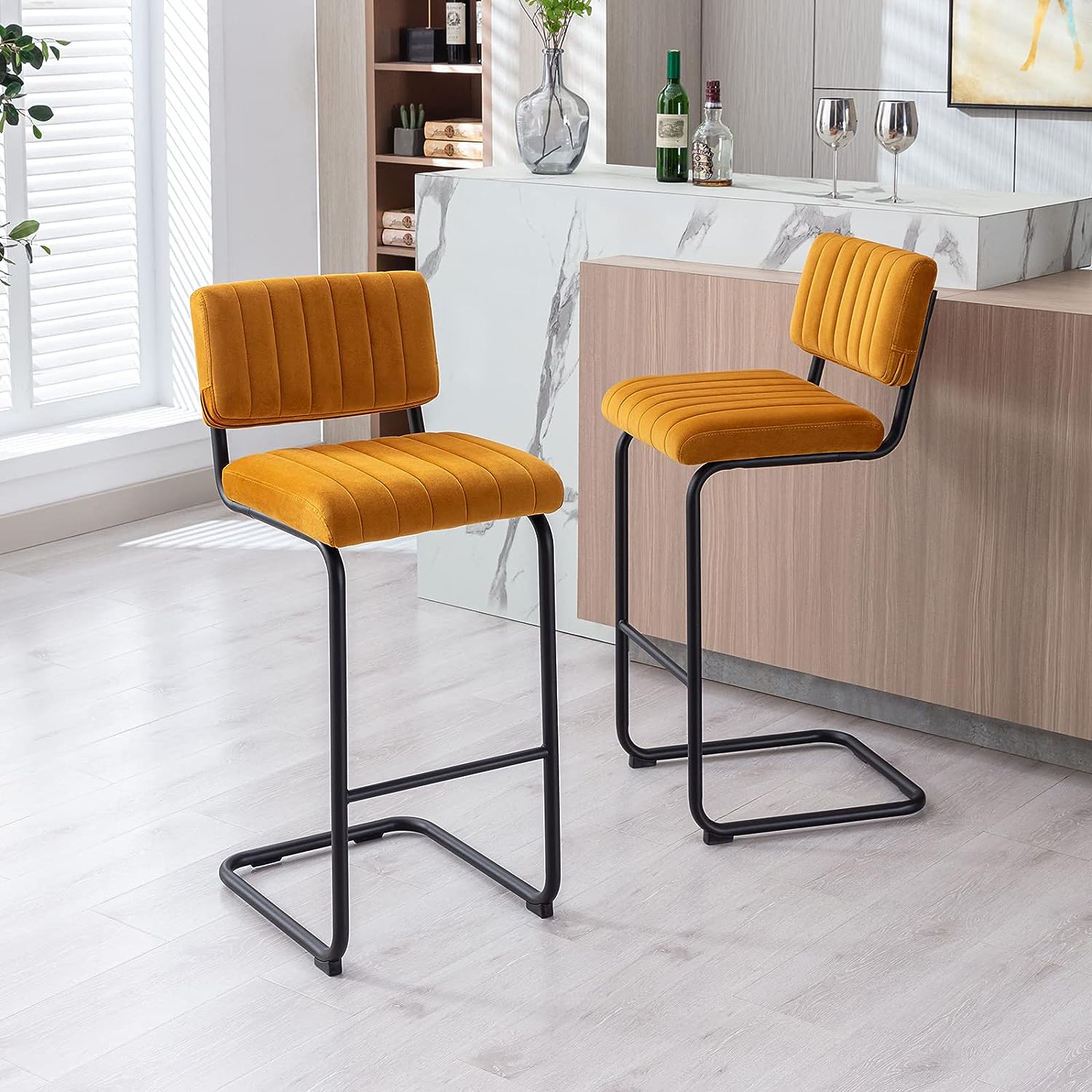 marigold comfortable modern bar stools with cantilever base unique mid century modern seating ideas for retro kitchen decor inspiration tufted yellow orange upholstery soft