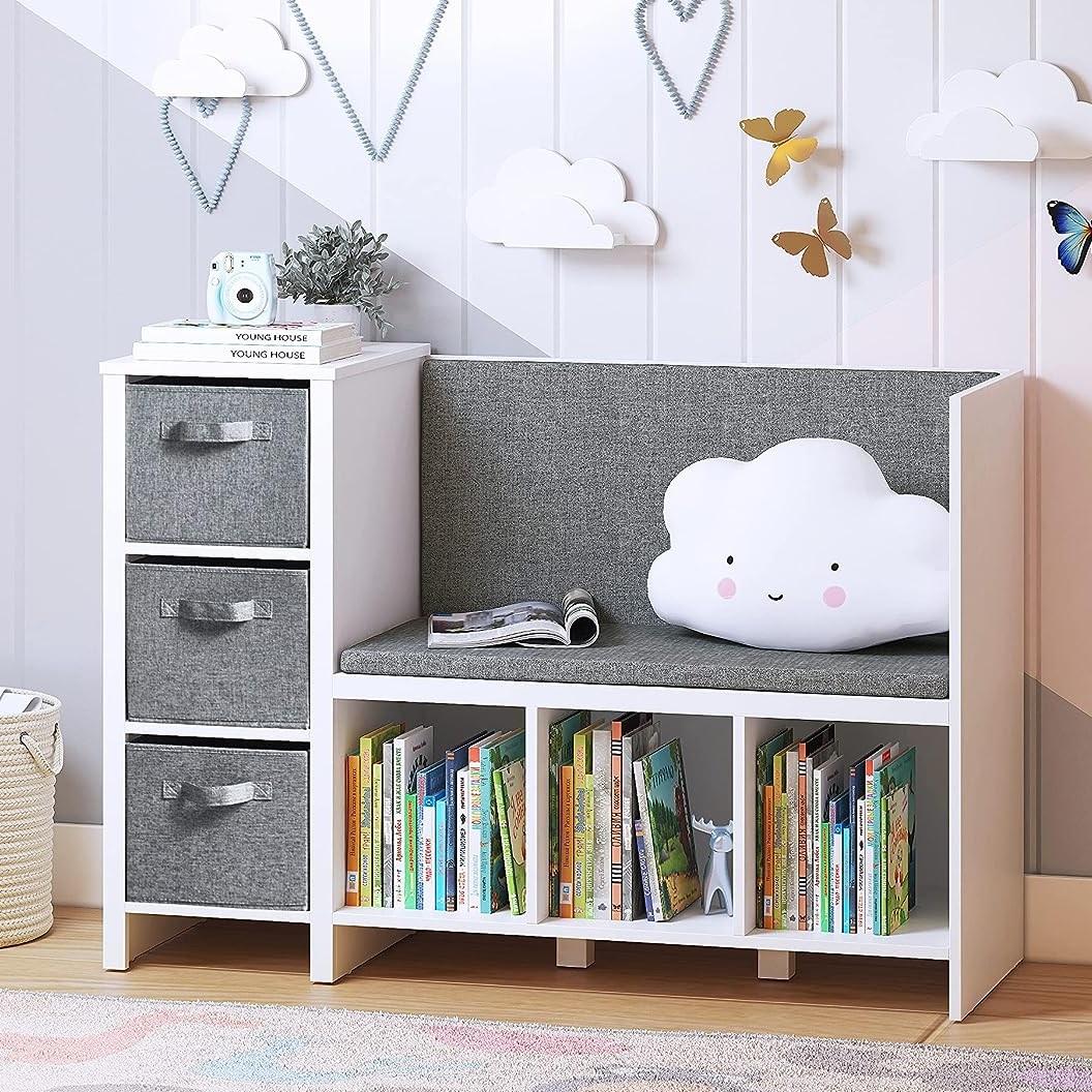 medium grey and white kids bookshelf with bench and padded seat open cubbies for book storage inspiration affordable reading nook kit for sale on amazon fabric bins bench