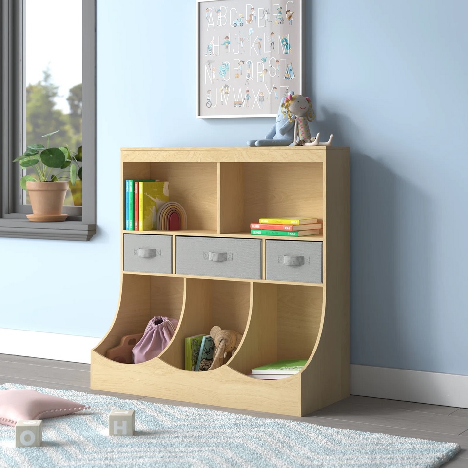 multipurpose kids bookshelf with storage deep toyboxes fabric bin drawers and spacious bookshelves for children how to keep young kids rooms organized furniture blonde wood