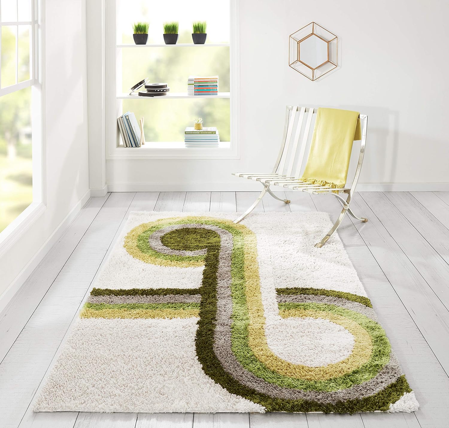 olive retro mid century modern green rug with looped stripe pattern cute Novogratz area rugs for living room nursery decor theme shaggy pile comfortable stain resist