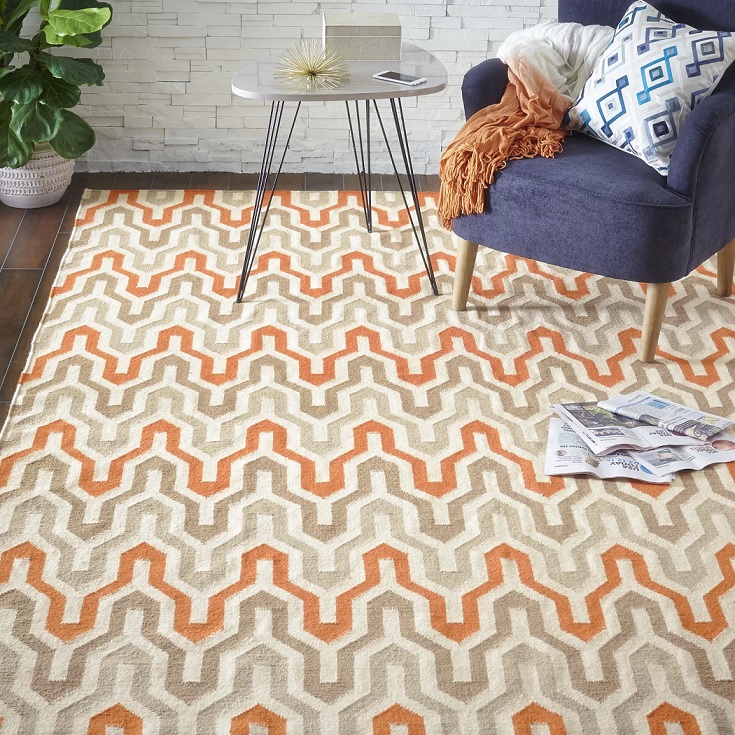 orange mid century modern rug in orange and brown tan creative stripe meandering geometric area rug pattern flatwoven kilim wool rugs for living room dining room