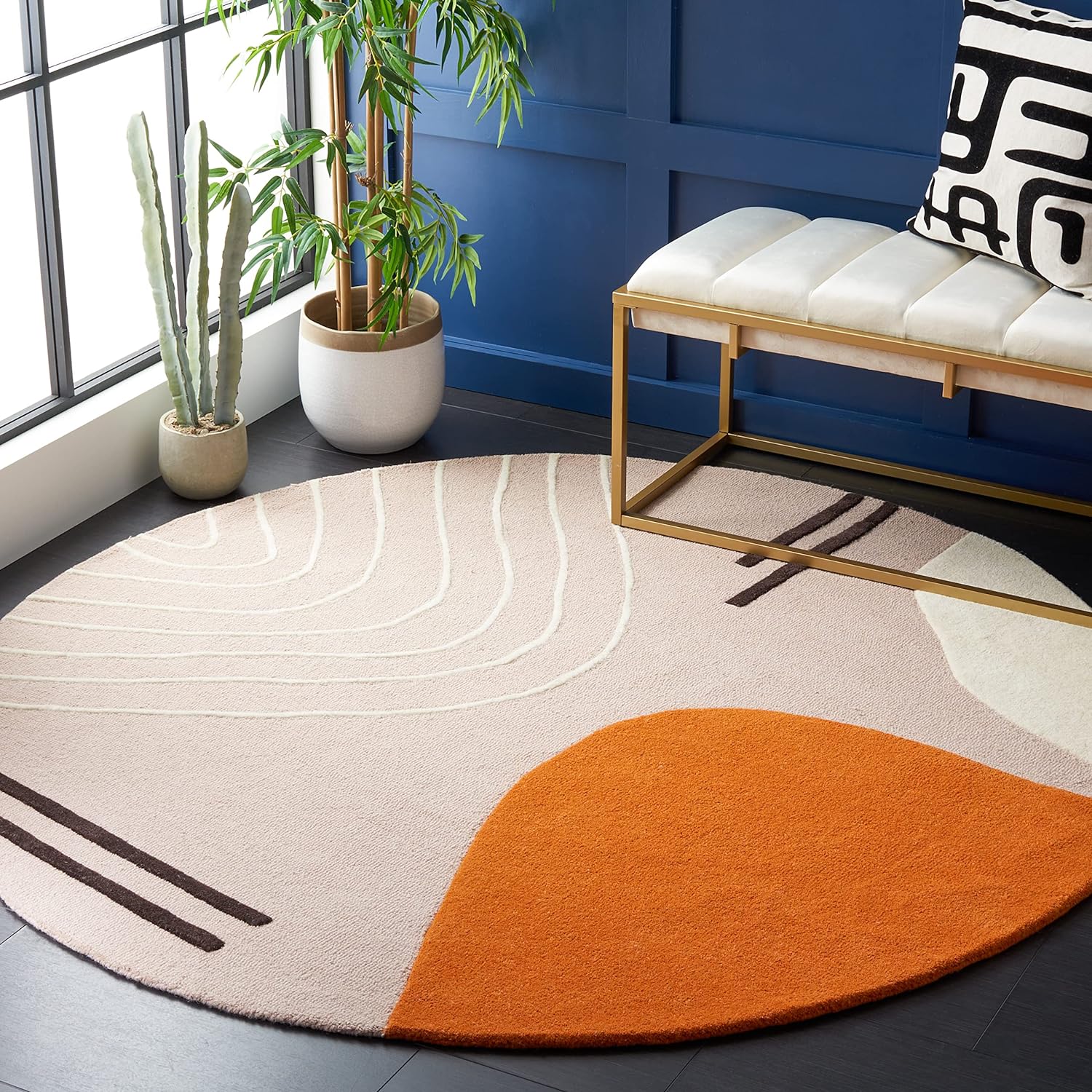 pale pink and orange mid century modern round rug with abstract geometric pattern creative accent rugs for living room comfortable wool pile cozy decor rugs for sale