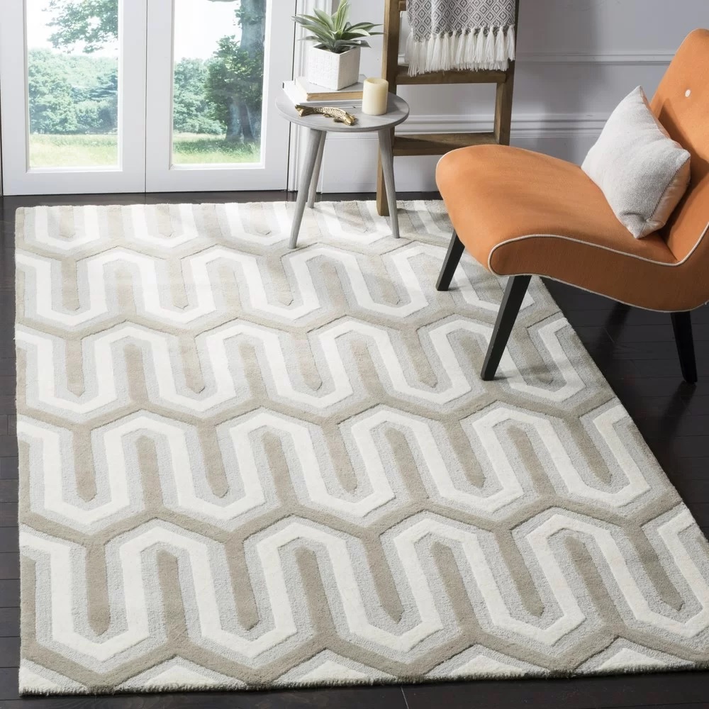 retro neutral mid century modern rug with geometric striped pattern high low pile construction comfortable wool pile premium living room rugs for sale online right now