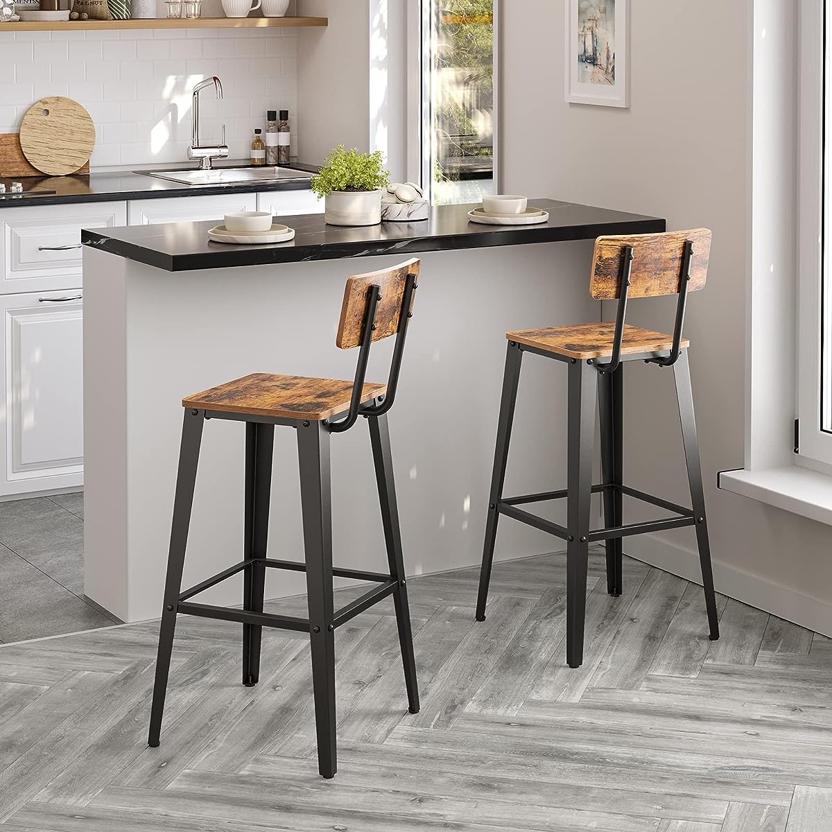 rugged rustic modern bar stools with deep wood grain seat and backrest tapered metal legs geometric design farmhouse seating ideas for kitchen counter height bar height tables