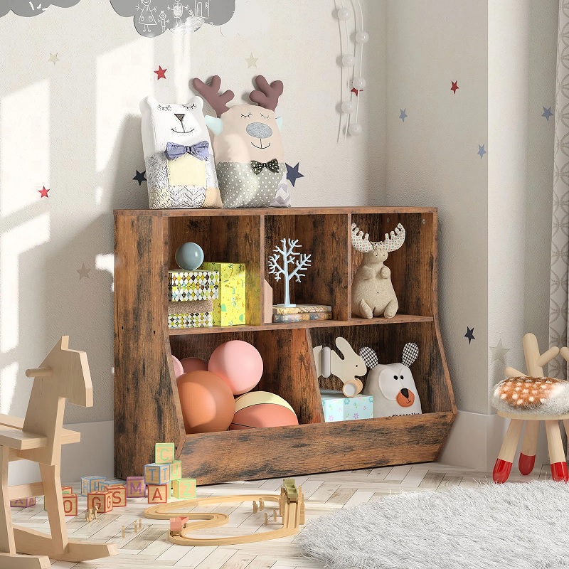 rustic brown kids bookshelf and toybox combination modern farmhouse children's bedroom storage furniture ideas cubbies and deep bins for holding toys