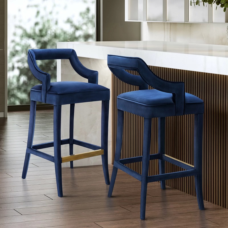 sapphire blue modern upholstered bar stools with brass footrest unique backrest shape traditional glam seating ideas for eat in kitchen furniture for sale online glamorous decor