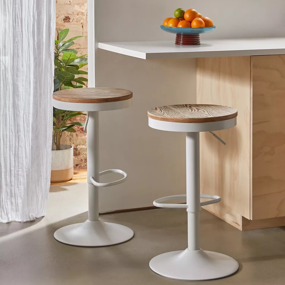 scandinavian modern bar stool design with round wooden seat and flared white swivel base matte finishes unique minimalist modern seating ideas adjustable height kitchen stools