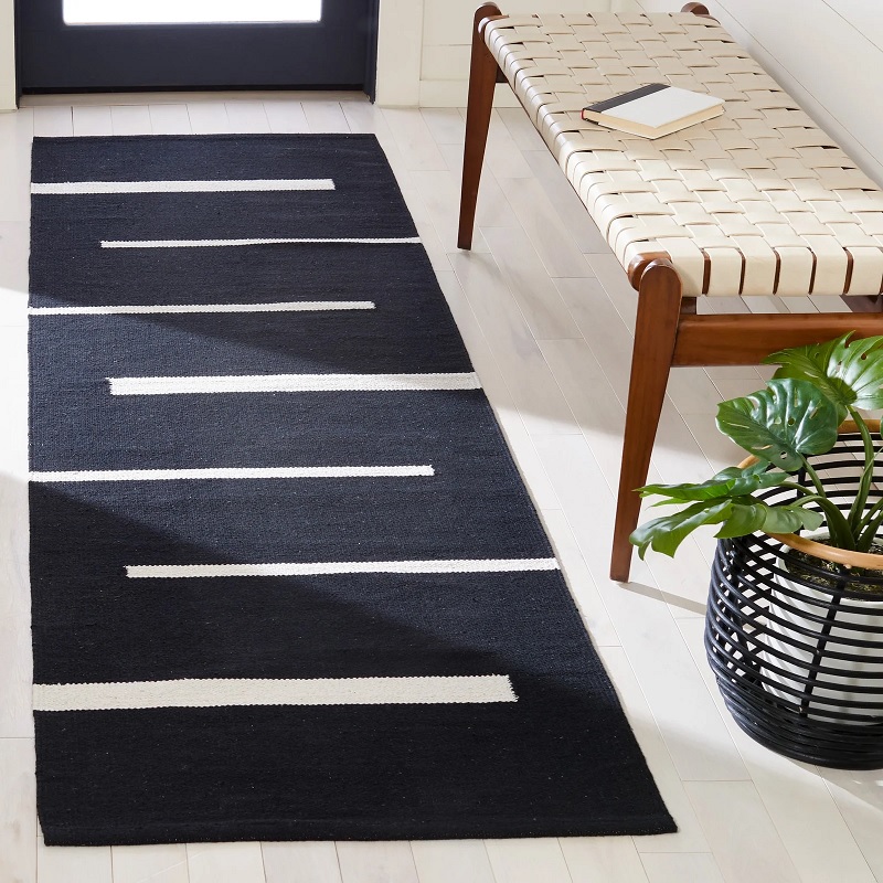 serpentine black and white mid century modern rug runner geometric decorative accents for retro MCM interior decor theme flatwoven rugs for entryways and kitchens