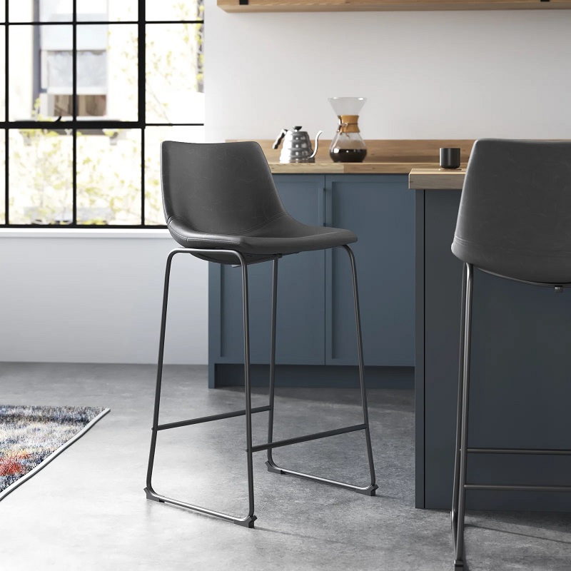 simple modern bar height stools for sale online affordable faux leather upholstery dark grey tailored appearance metal base in black plastic foot glides contemporary kitchen seat