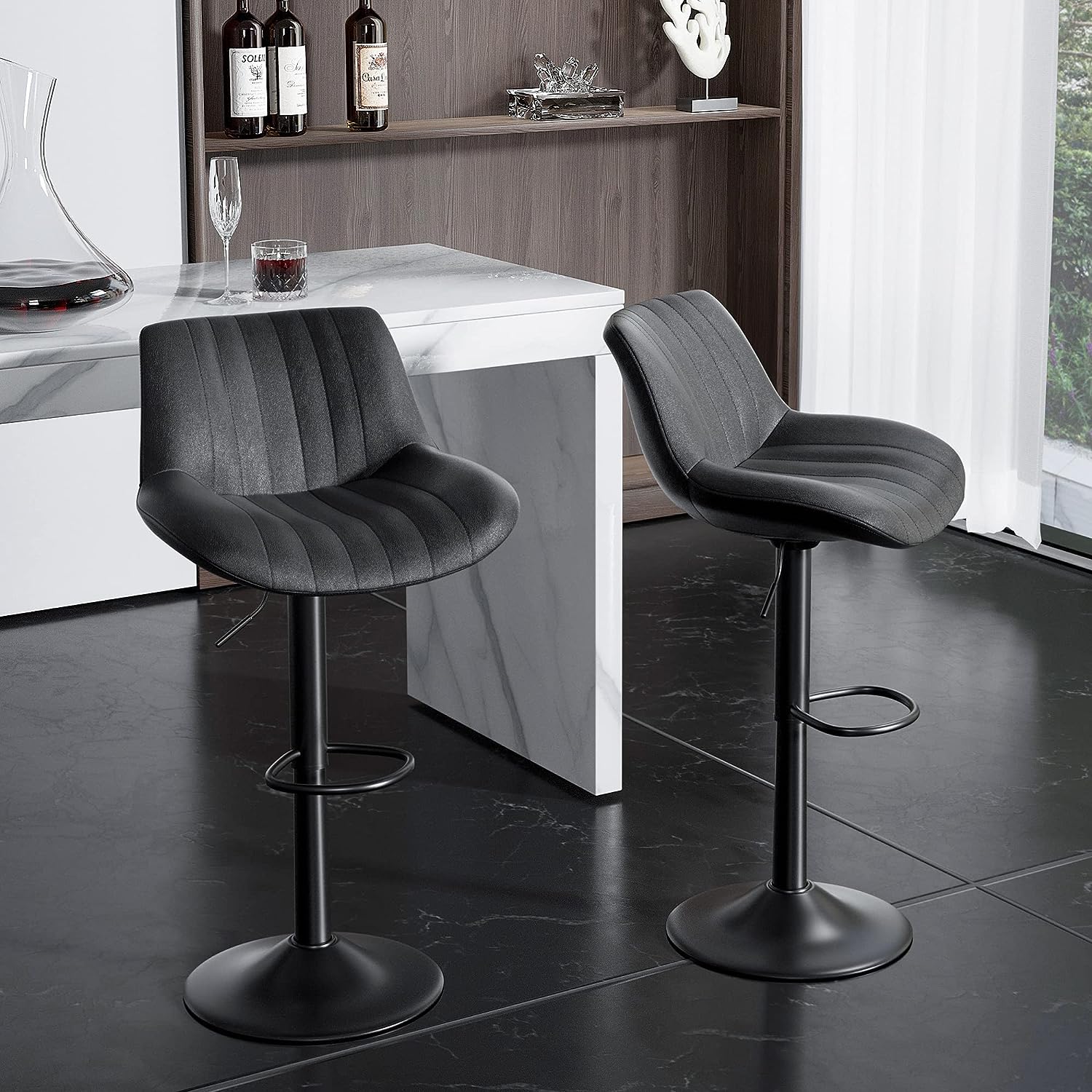 sleek modern swivel bar stools with faux leather upholstery black fabric and matte base with built in footrest height adjustable seating for kitchen dining room eat in kitchen