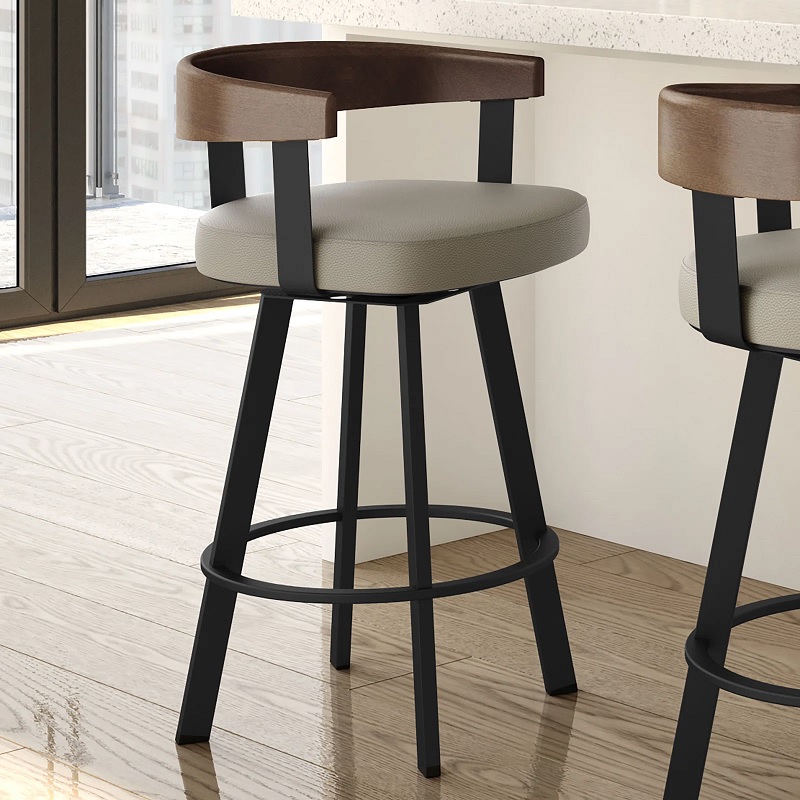 swivel modern bar stools with beige and brown colorway black metal base with footrest beautiful faux leather upholstery and curved barrel backrest armrests comfortable kitchen