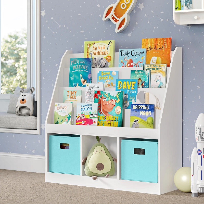 tall kids bookshelf with storage bins and forward facing storage display racks for books and fabric storage bins teal and white children's reading nook bookcase for bedroom