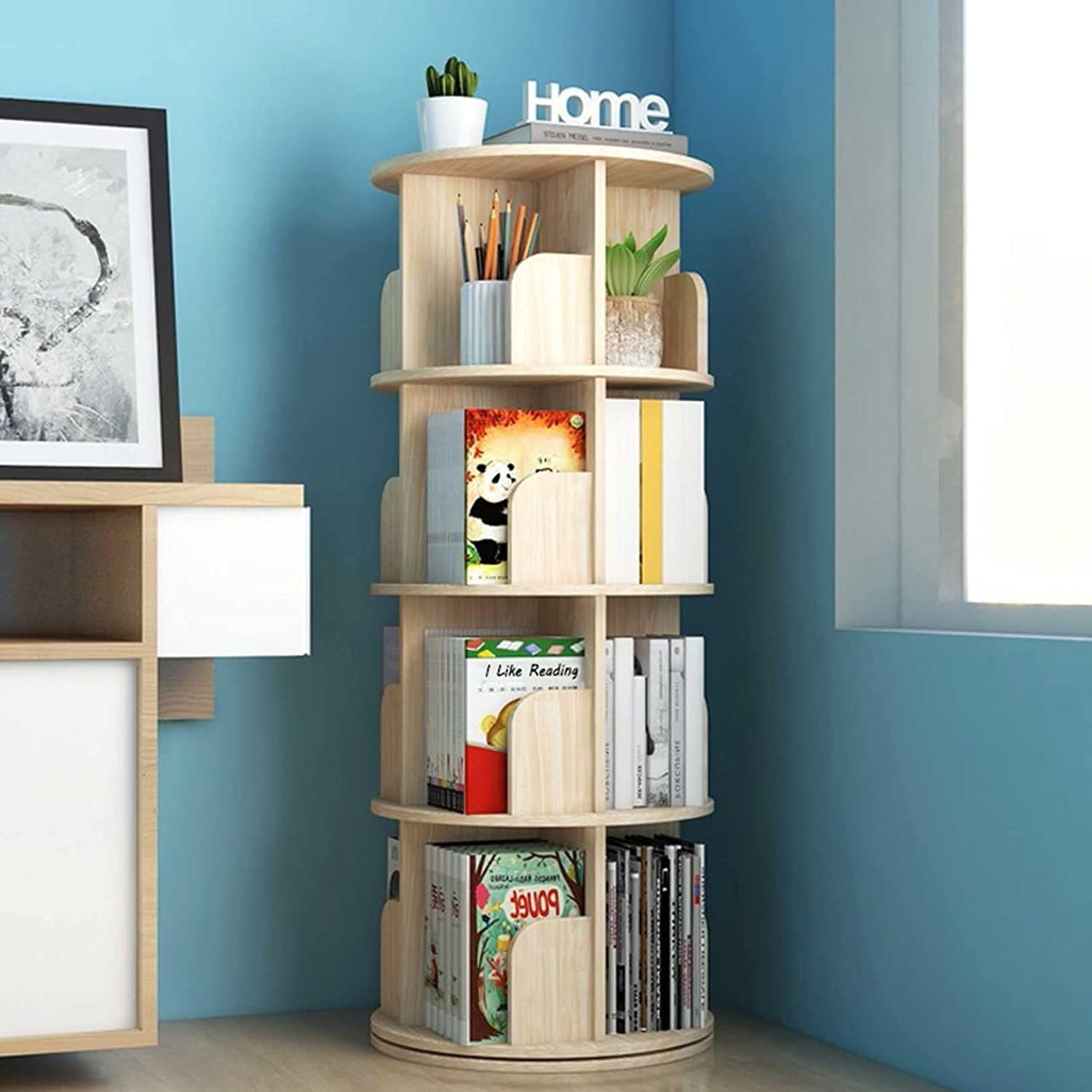 tall kids rotating bookshelf made from light natural wood how to store a large amount of books in a small space building a robust kids library reading nook inspiration