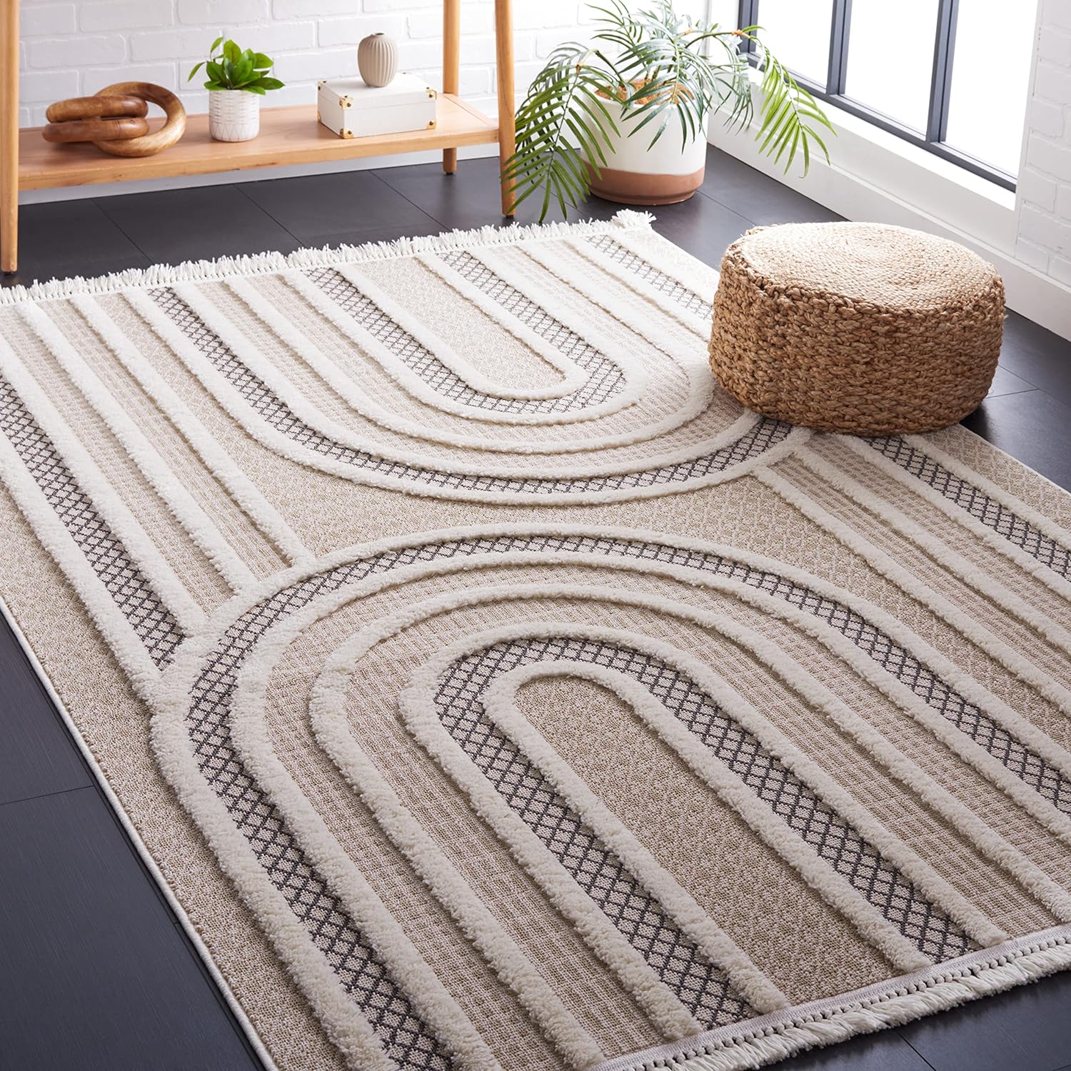 tan beige and ivory mid century modern area rug 8x10 arched pattern high low pile construction plush and flatwoven tassel fringe striped design unique mcm rug ideas