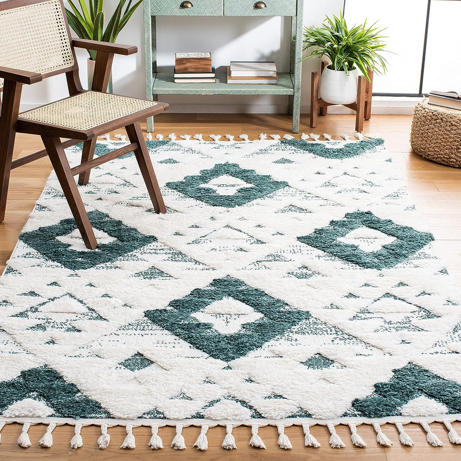 teal sage green mid century modern rug with moroccan diamond pattern high low pile plush texture comfortable stain resistant white rug for living room fringe