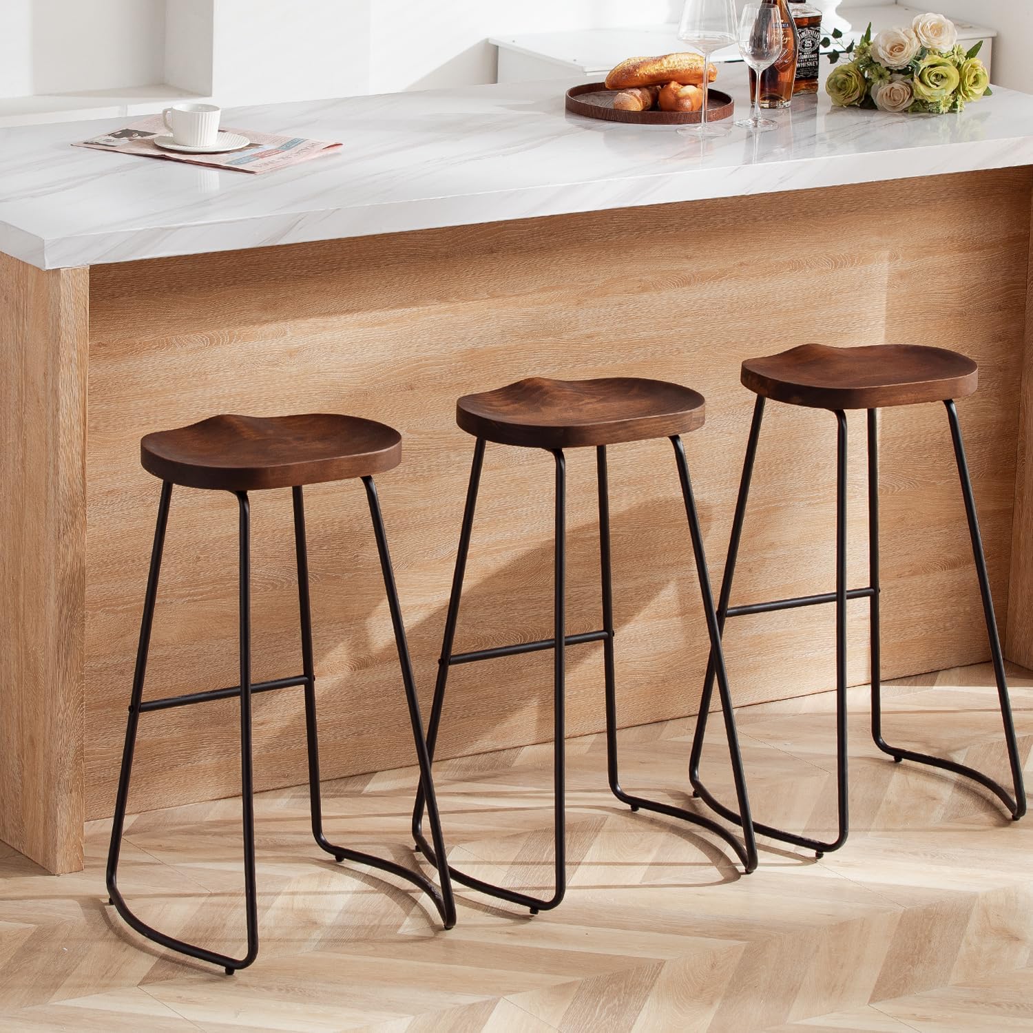 tractor seat rustic modern farmhouse bar stools for sale online shaped wooden seat with rounded black base backless counter height seating for modern farmhouse kitchen decor idea