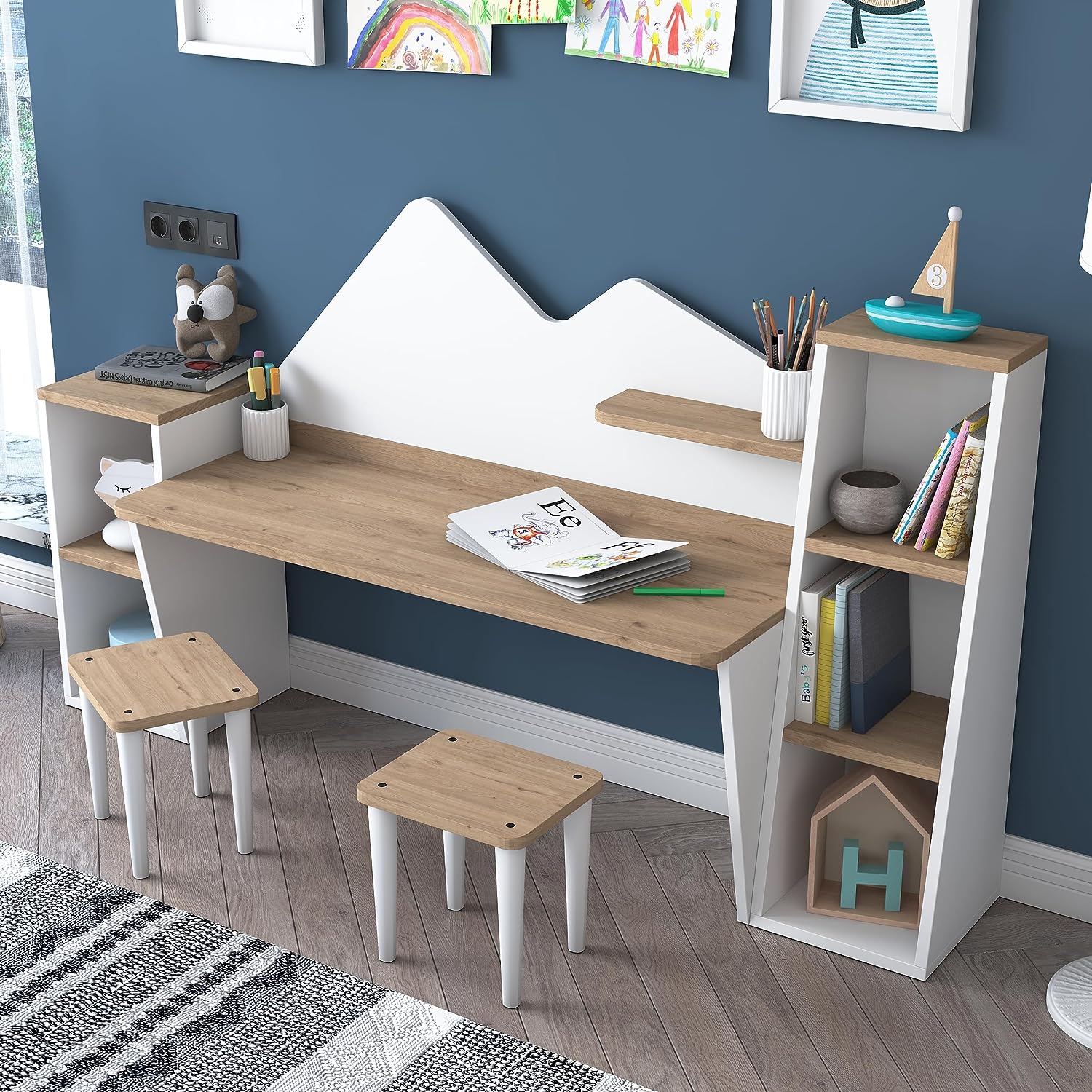 two person kids desk with bookshelf built into each side white mountain silhouette creative bedroom furniture ideas for children mountain decor theme inspiration