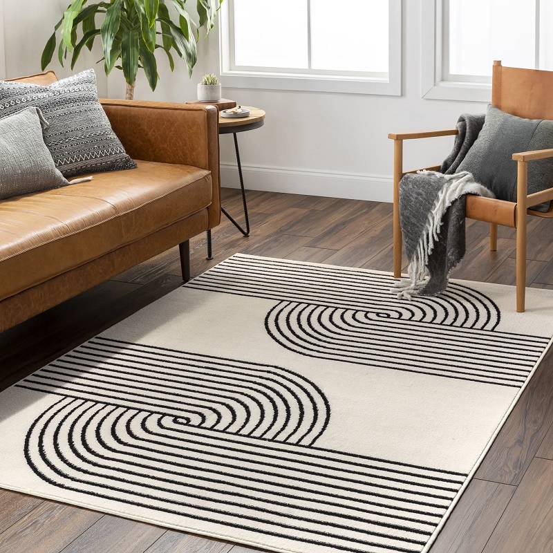 unique mid century modern black and white rug with stain resistant surface family friendly rugs that are light colored sweeping curved stripe pattern retro rugs cheap