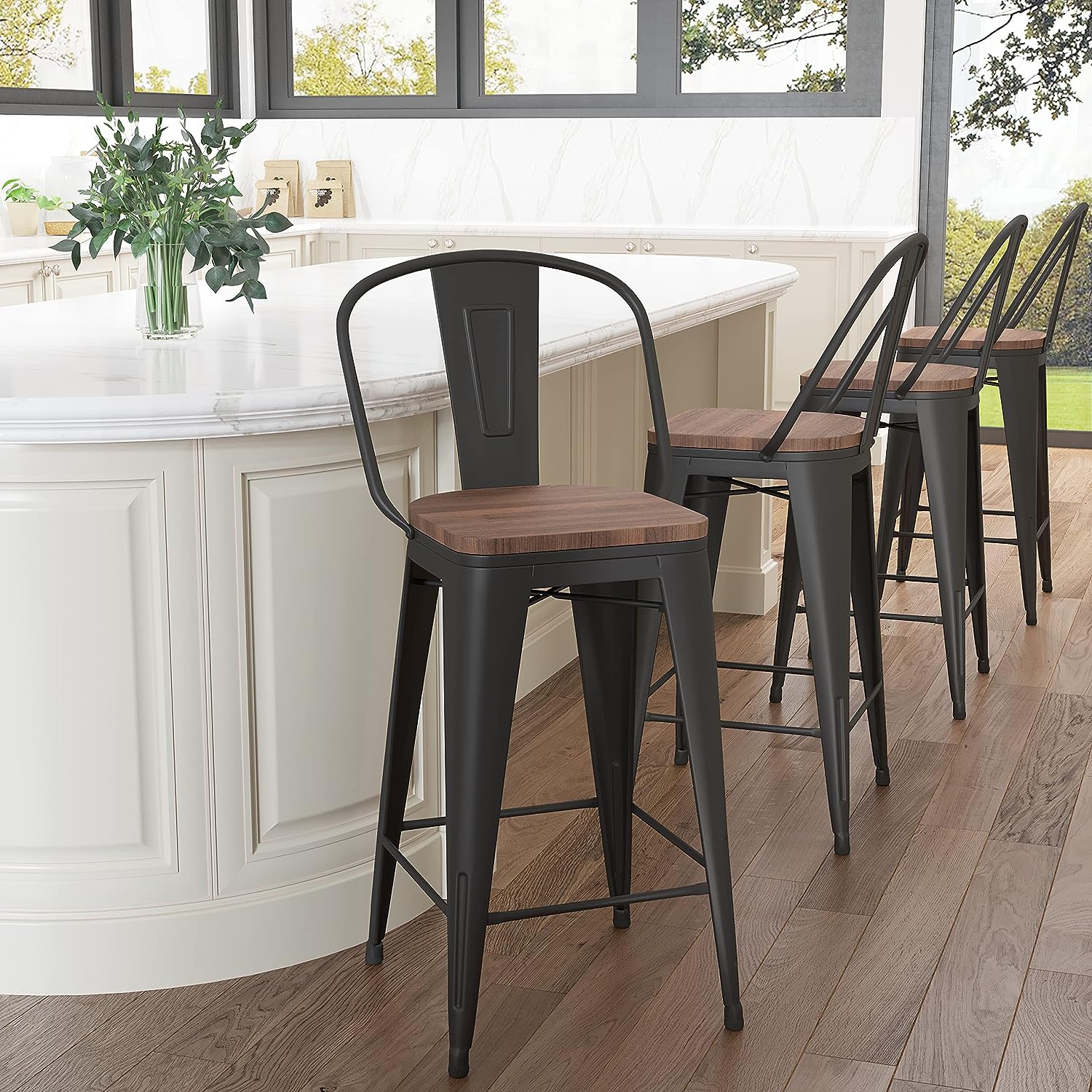 unique modern farmhouse bar stools with backs arched backrest metal frame galvanized steel kitchen theme tapered legs bistro style seating for bar height or counter height tables