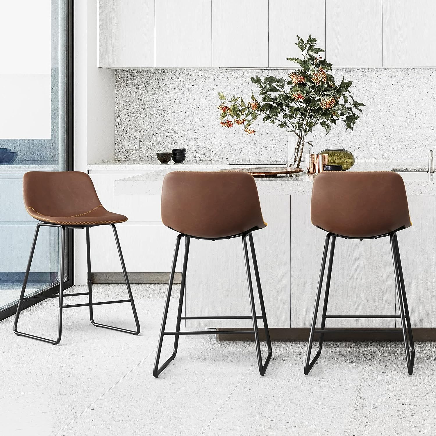 versatile modern bar stools set of 3 with brown faux leather upholstery and black sled base legs multiple color and size options available counter height seating for the kitchen