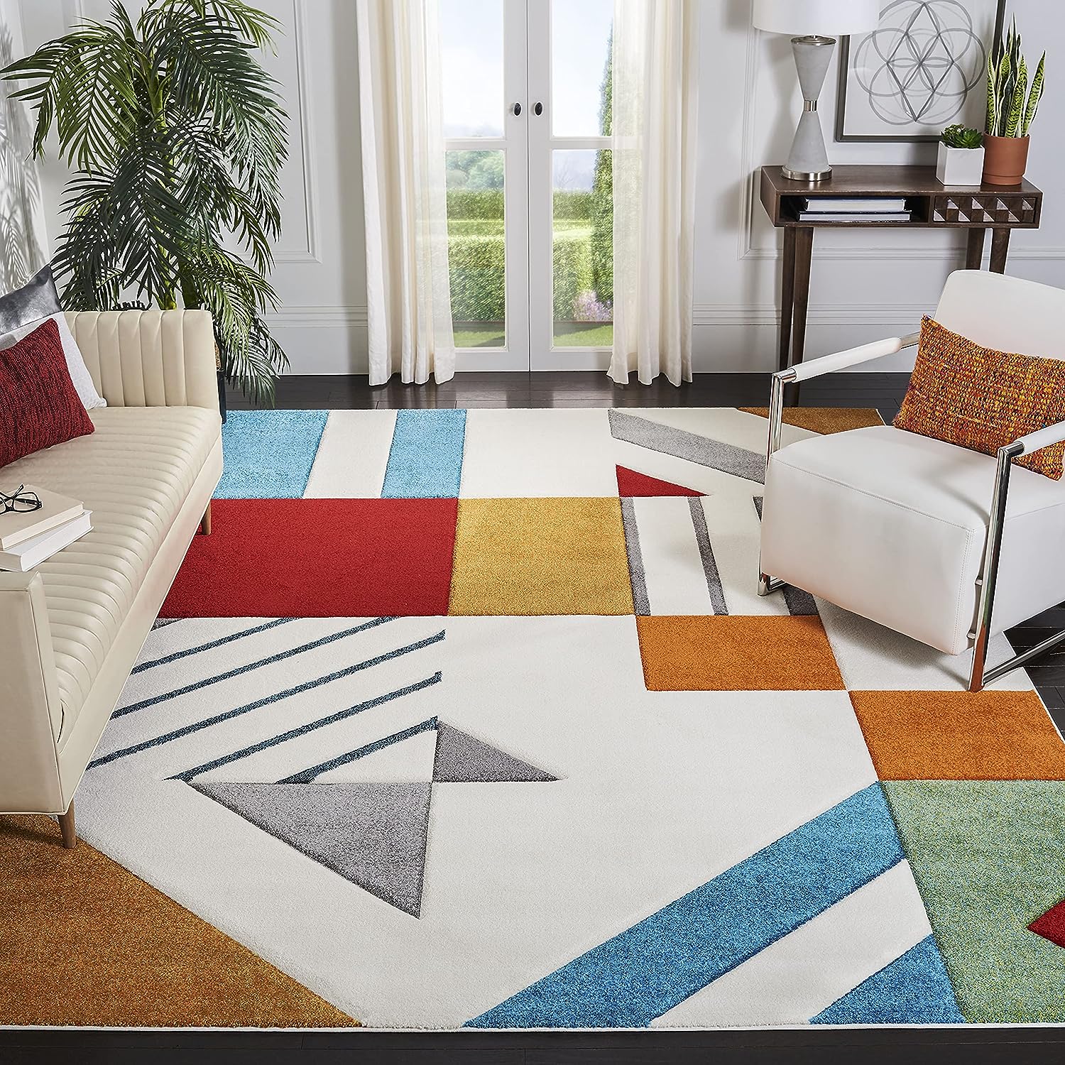 white and colorful mid century modenr area rug 9 x 12 extra large size rugs for living rooms retro decor theme artistic abstract pattern rainbow color palette