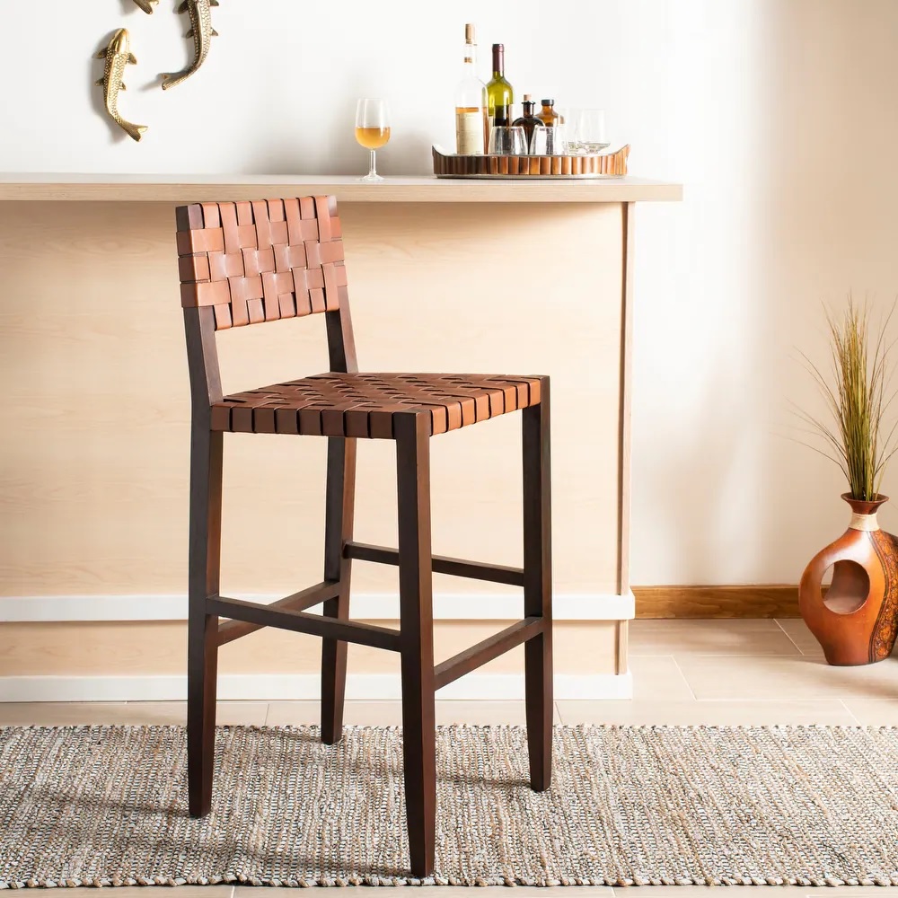 woven leather modern rustic bar stools with dark genuine mahogany frame and woven genuine leather strips backrest and seat mid century modern furniture for kitchen seating ideas