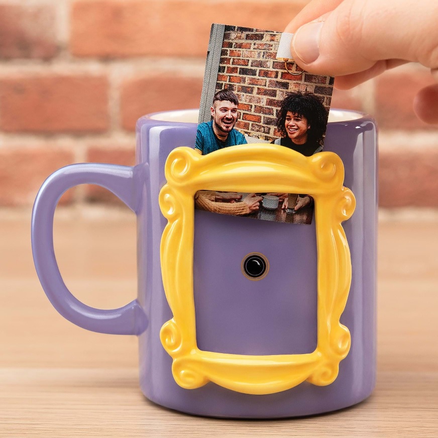 Friends coffee mug made to look like Monicas purple door with yellow picture frame creative DIY picture mug gift idea for 90s fans sitcom presents for coworkers coffee lovers