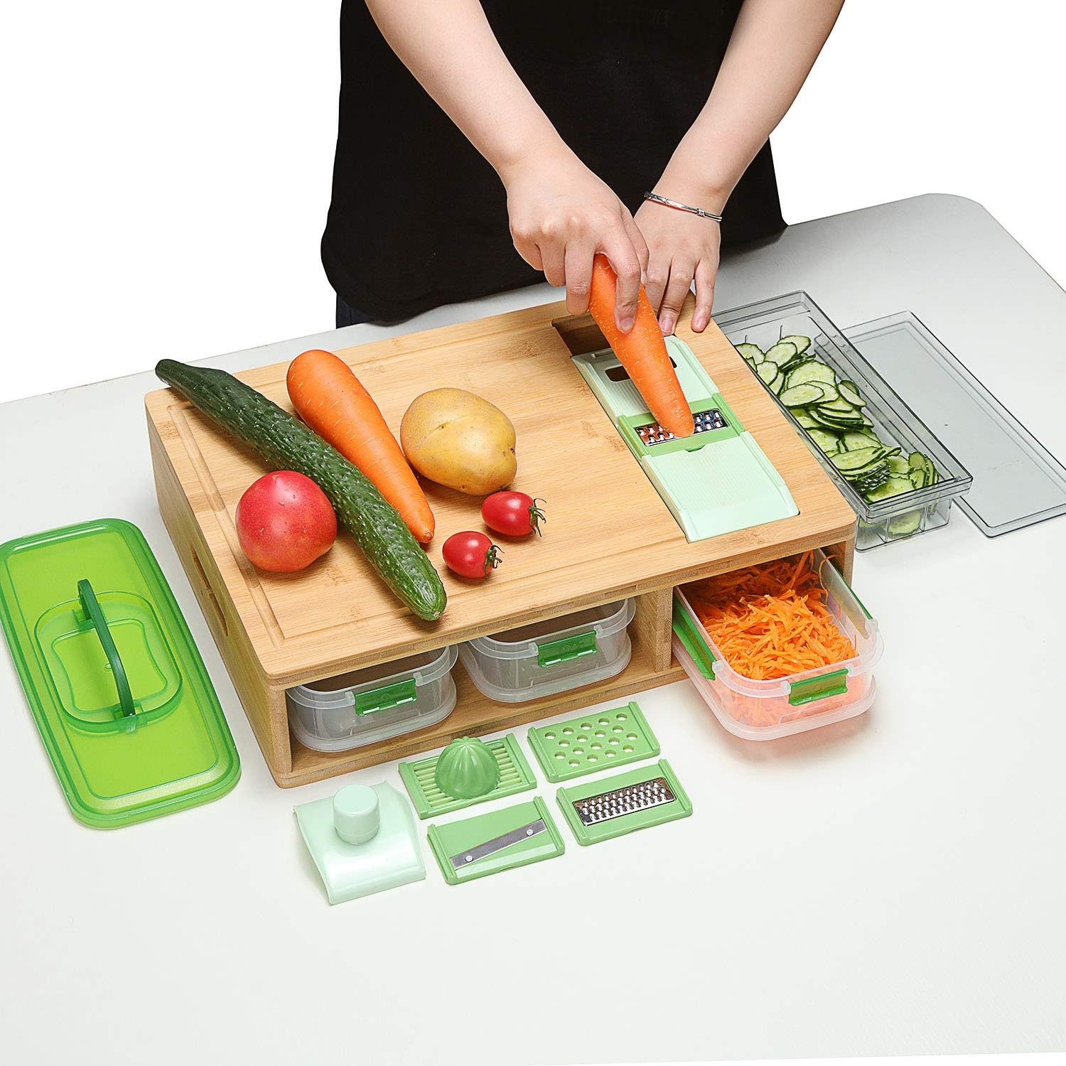 all in one food prep station with bamboo cutting board and ingredient containers with built in kitchen gadget tools graters juicers with containers space saving kitchen ideas