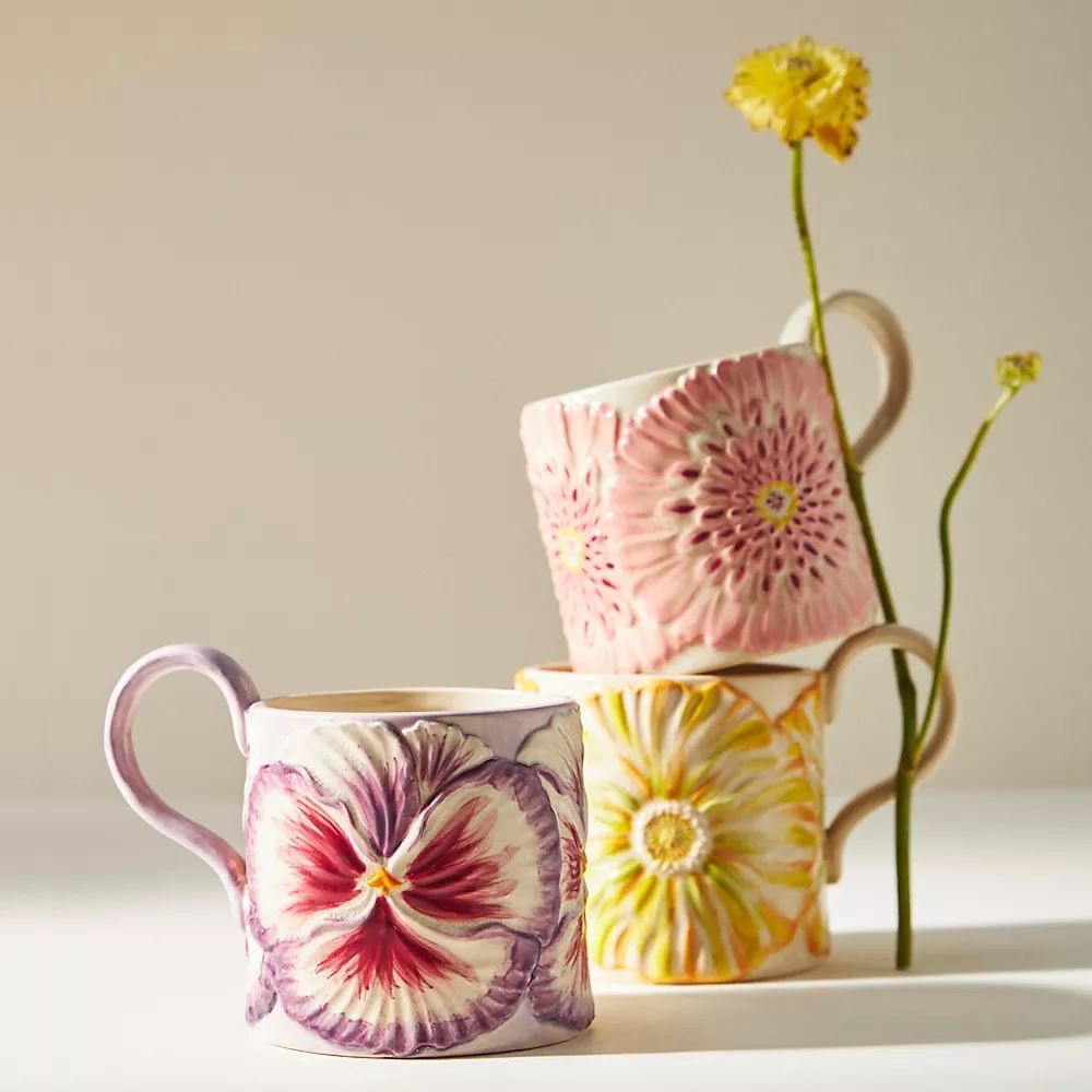 artistic sculpted flower coffee mugs for sale online rustic decor beautiful elegant floral mug design pink purple yellow mix and match elegant gift ideas for girlfriend gardener