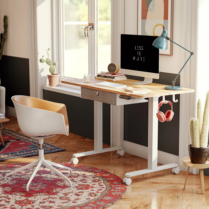 blonde and white small space computer desk with wheels and headphone hooks fabric drawer programmable memory sit stand desk for healthy home workspace inspiration