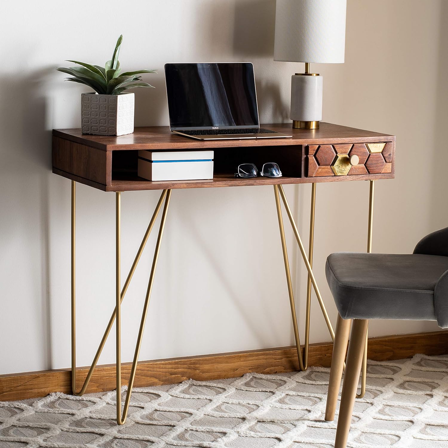 brass and wood small mid century modern desk with carved geometric details golden hairpin legs open cubby for storage small space work from home furniture for sale online