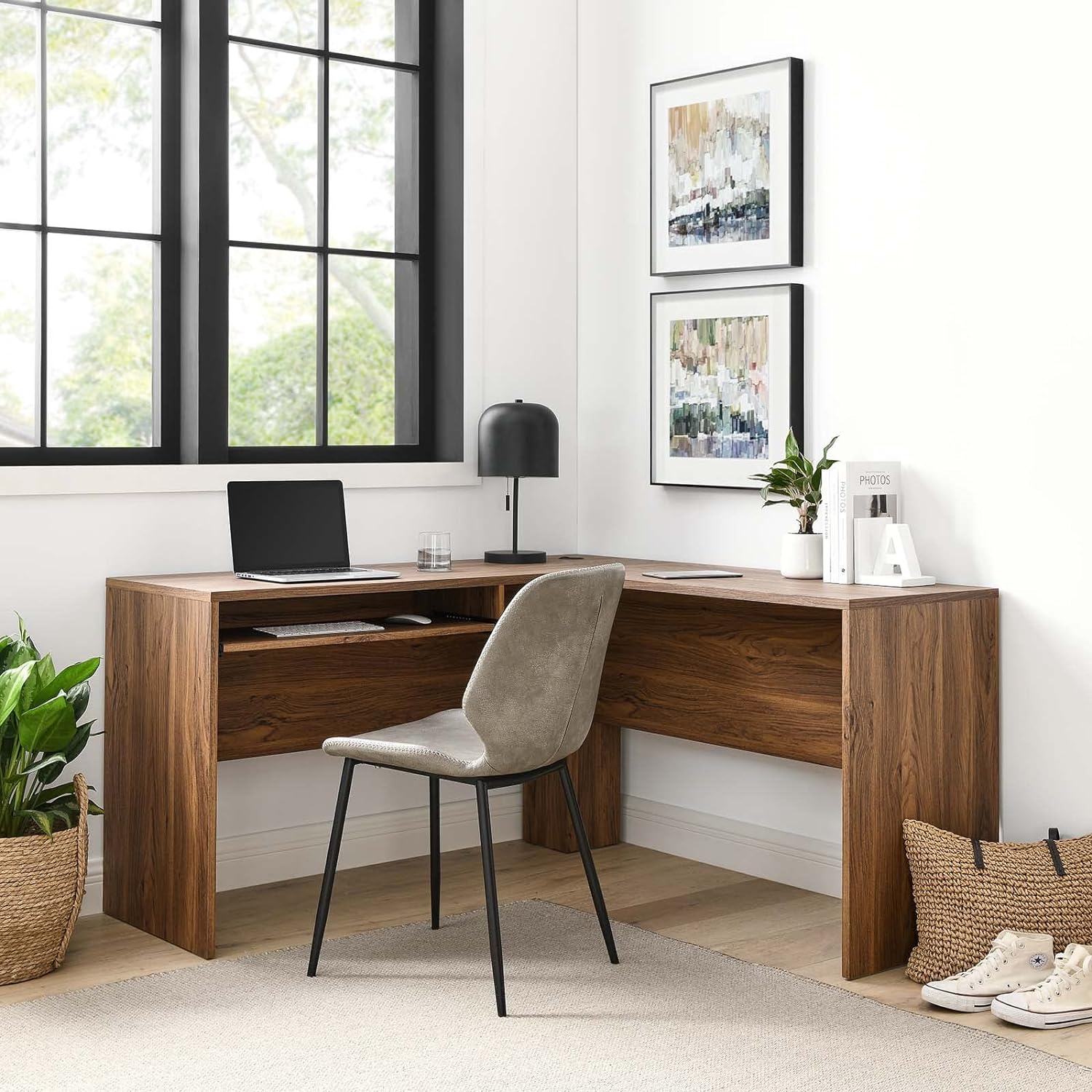 cheap corner desk mid century modern simple retro walnut finish desk with pull out keyboard tray versatile home office furniture for sale affordable on amazon WFH upgrades