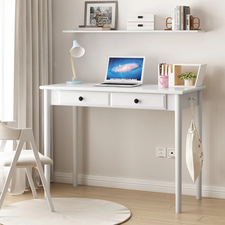 classic small computer desk for bedroom bright white finish straight legs built in headphone hooks two drawer design space saving WFH furniture ideas for bedroom multipurpose