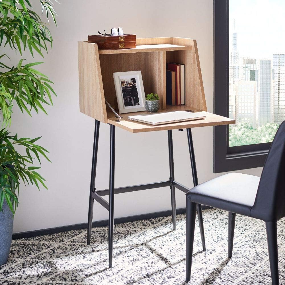 compact mid century modern secretary desk with fold down front and black base storage cubbies within convenient work from home desk for super small spaces multipurpose