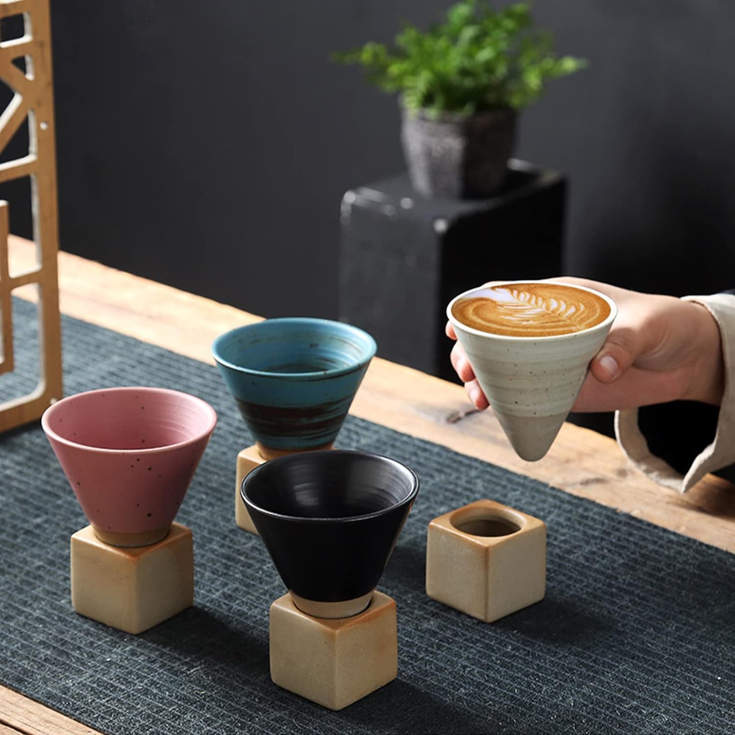 cone shaped coffee mugs with cube shaped stands unique beverage cups for sale online creative gift inspiration for artistic people housewarming present ideas pottery ceramic cup