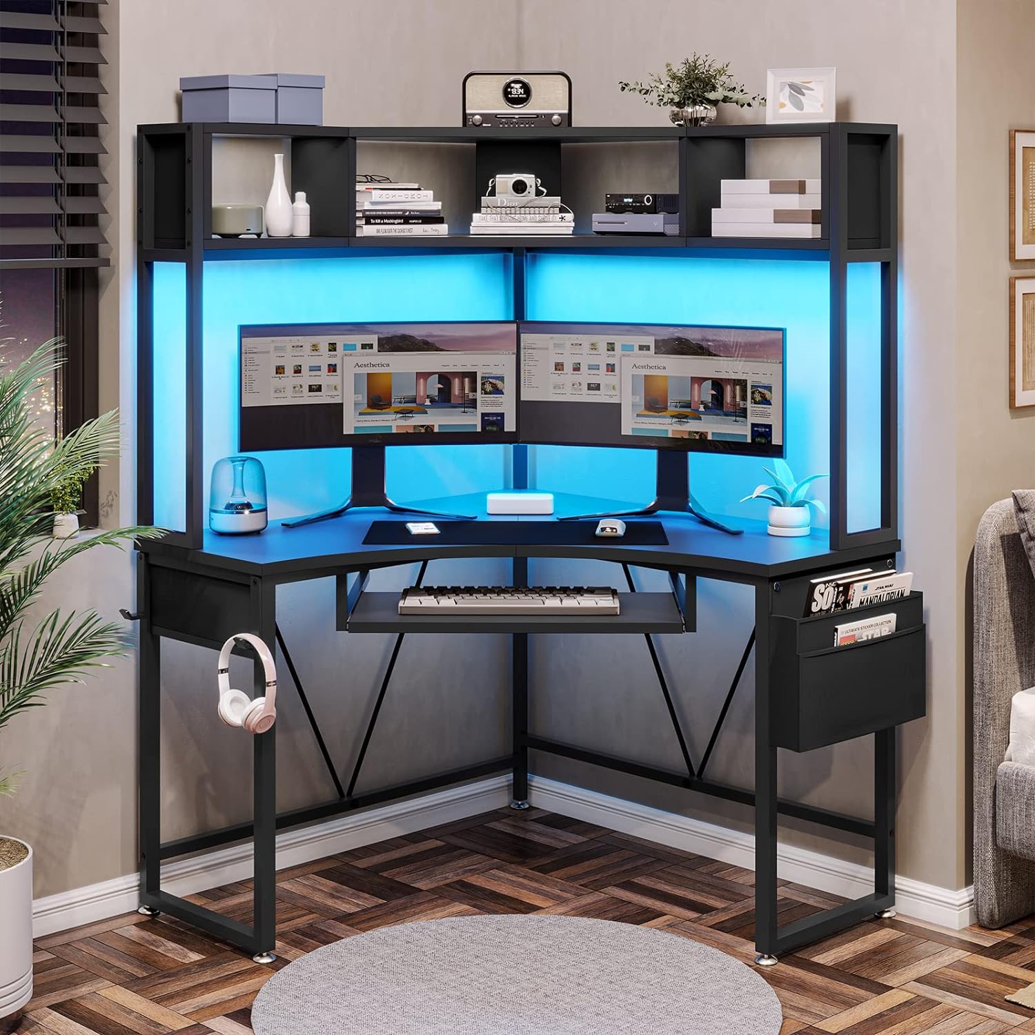 corner gaming desk for bedroom space saving streaming setup inspiration with raised storage hutch and headphone rack accessories RGB LED light desks for small spaces