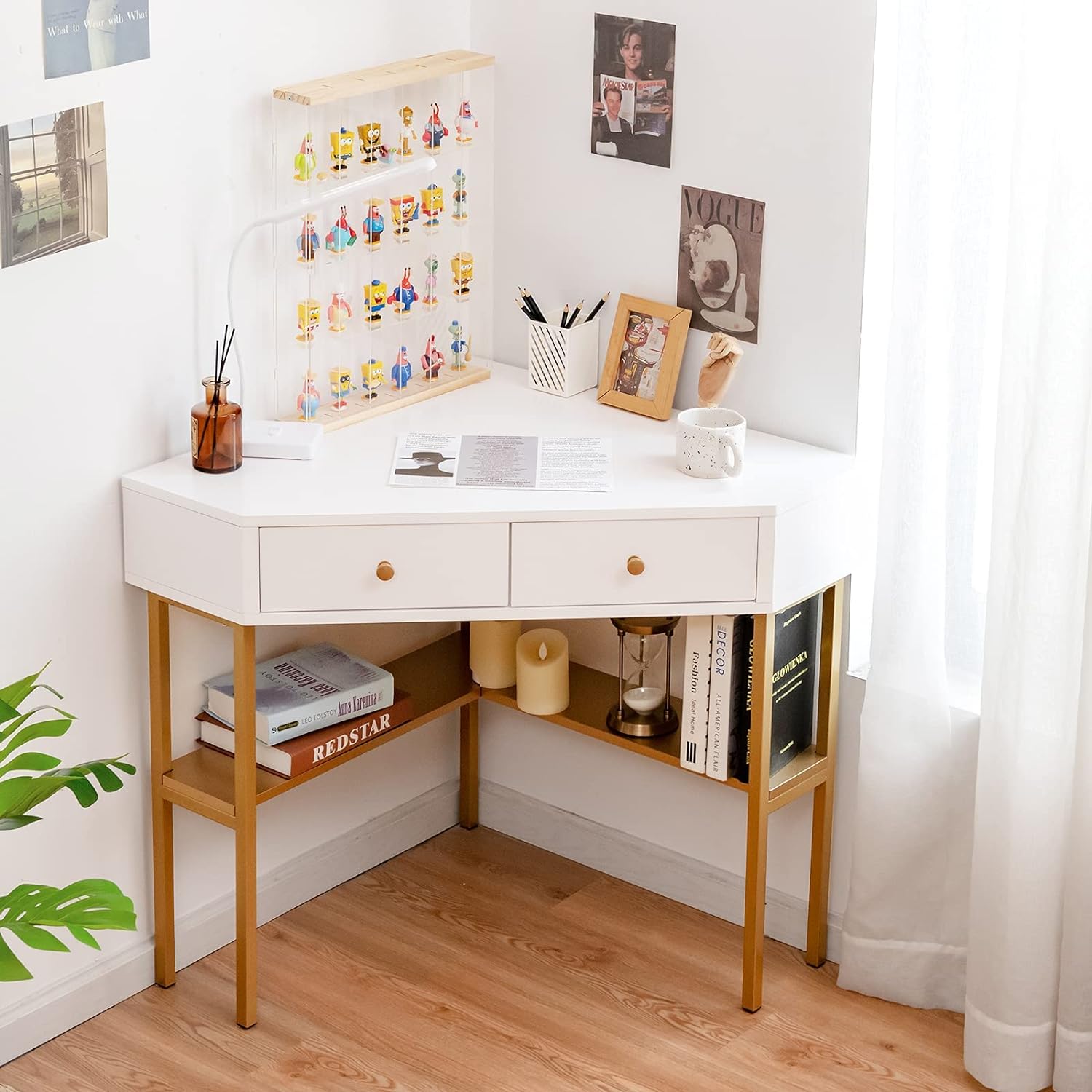 cute gold and white corner desk with two drawers and built in bookshelf multipurpose vanity small space work from home furniture for bedroom WFH setup living room office