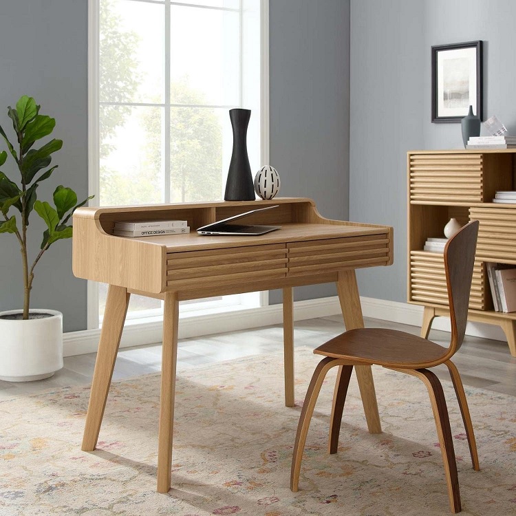 cute retro desk with drawers and hutch mid century modern home office furniture for small spaces high quality wooden desks for sale online affordable WFH setup inspiration