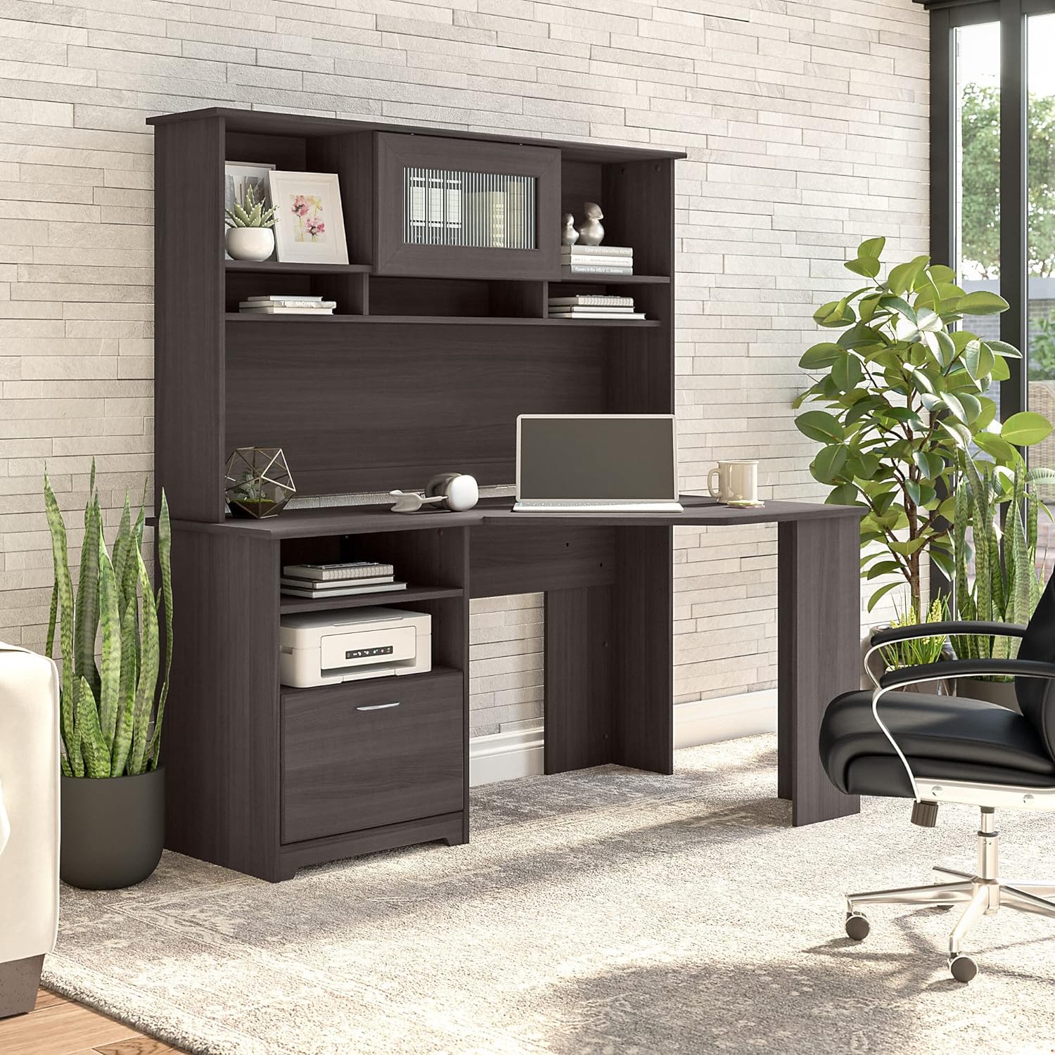 dark brown grey corner computer desk with hutch and filing drawer open shelves tall storage solution built in functional home office furniture for sale online high quality amazon desk