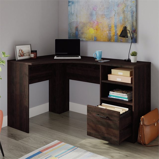 dark brown wooden corner desk with pull out filing cabinet and storage cubbies traditional work from home furniture for sale cheap online small space WFH setup inspiration