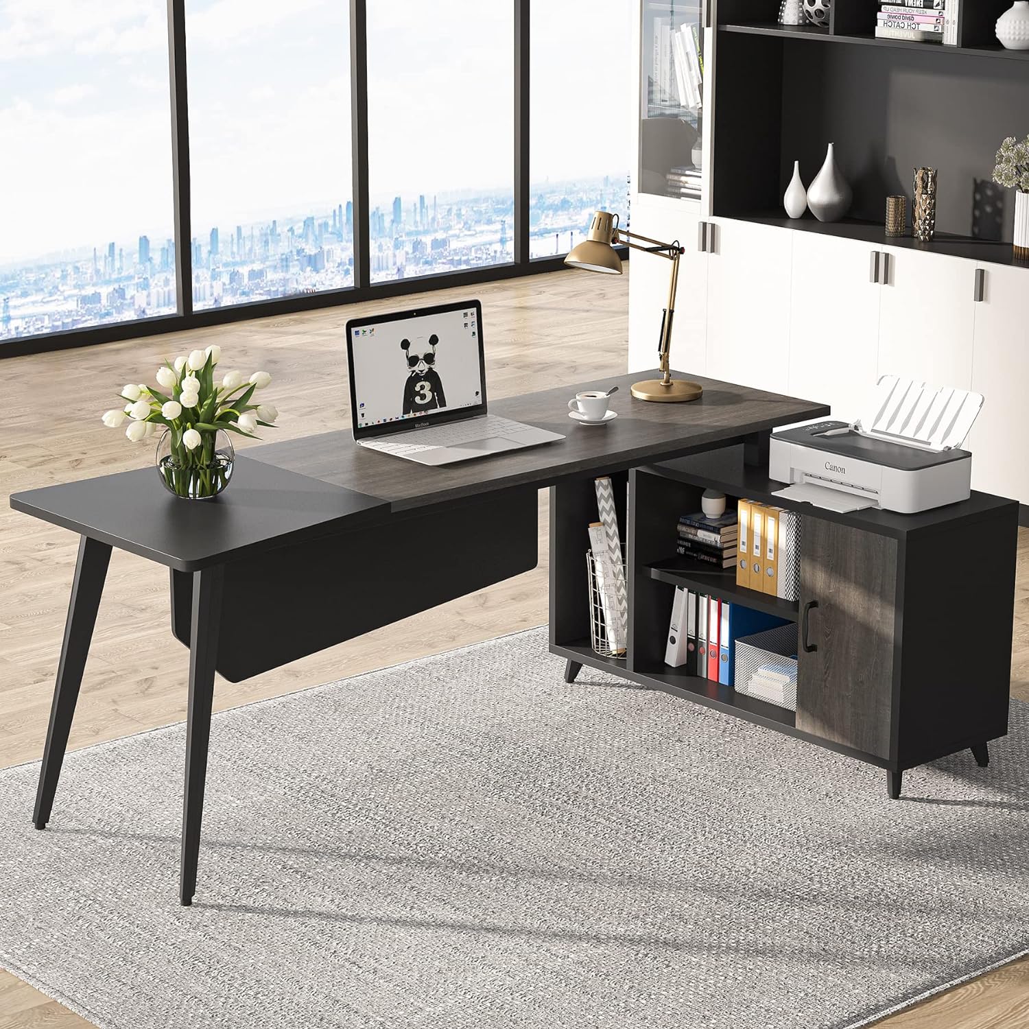 dark grey mid century modern L shaped desk with modesty screen executive desks for sale online cheap affordable storage desk setup for home office work from home furniture