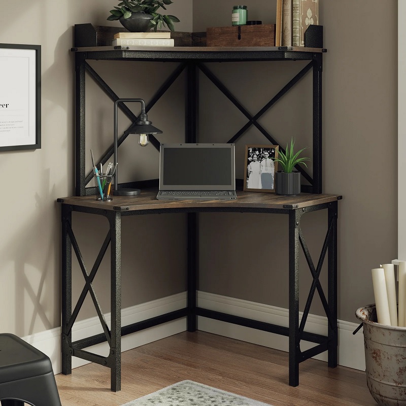 dark industrial corner home office desk with decorative metal framing cross base design curved tabletop tall hutch for storage rustic work from home furniture for sale online quality