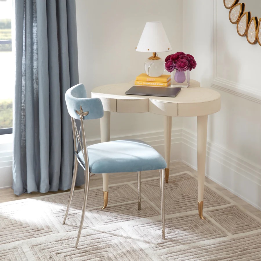 designer corner desk ideas authentic jonathan adler trefoil table for corner laptop setup luxury WFH tables for sale online leather upholstered ivory desk with brass foot caps glam