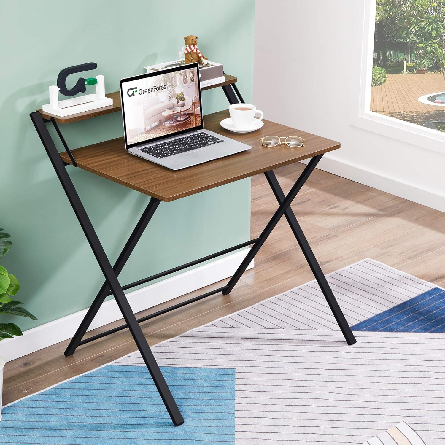 folding desk for small spaces walnut wood tabletop with riser and matte black metal x shaped base convenient temporary workspace ideas for WFH setup affordable tiny space desks