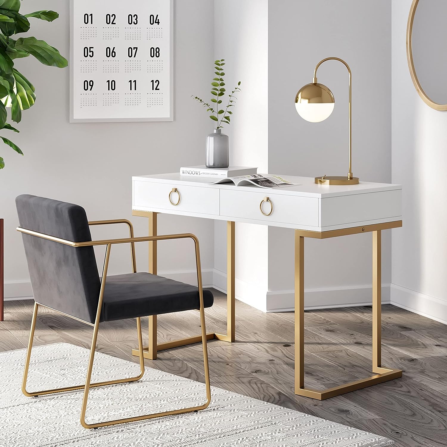 glamorous small white desk with drawers and gold base hoop shaped handles 42 inch length desks for sale online gorgeous desks for living room WFH space inspiration