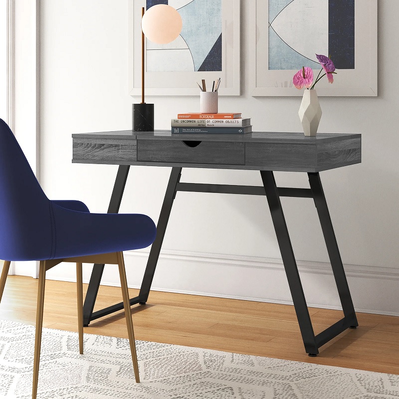 grey and black desk ideas for small spaces contemporary modern desk that would look great in the living room multipurpose WFH setup insipration for working from home in a small space