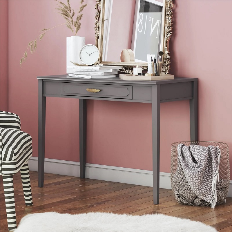 grey small desk with gold feather drawer pull handle unique glam furniture ideas for living room home office setup elegant WFH furniture for sale online affordable quality