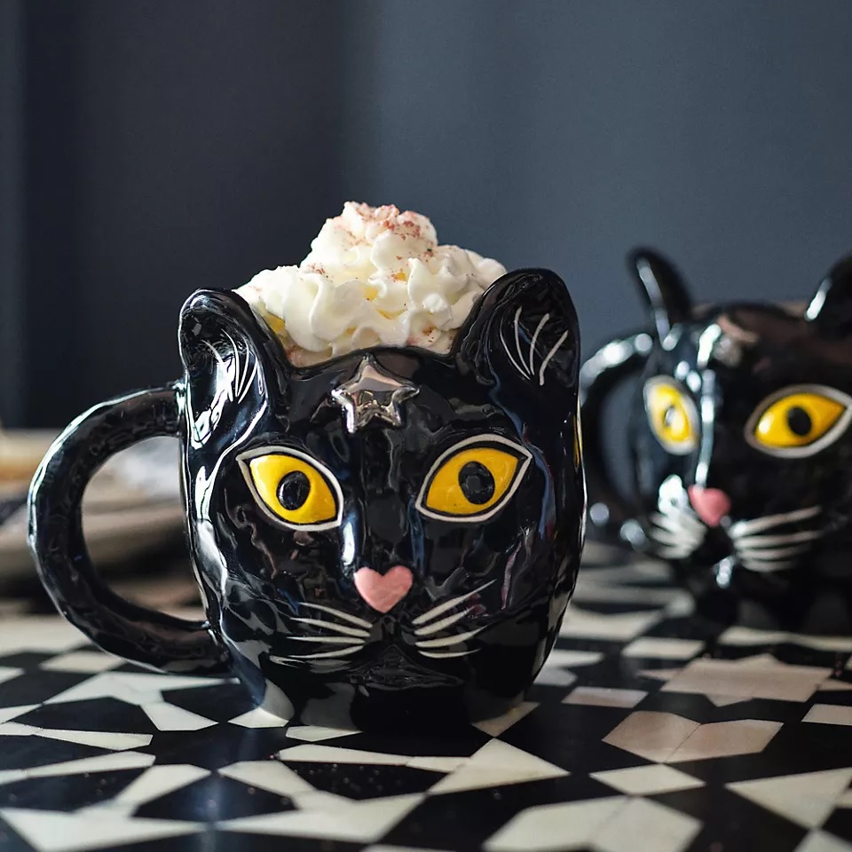 halloween coffee mug sculpted black cat with yellow eyes large ceramic mugs for sale online authentic Francesca Kaye where to buy halloween shaped novelty mugs high quality