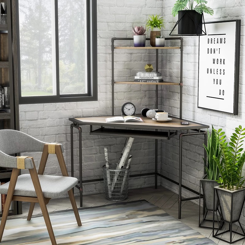 industrial corner desk with hutch metal frame made from pipes with rugged rustic wood tabletop and two shelves creative design ideas for small space work from home setup inspiration